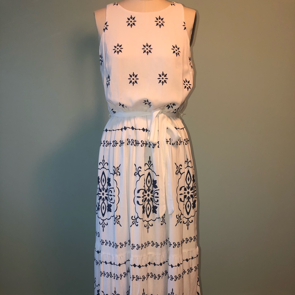 LOFT Blue Embroidered White Maxi Dress